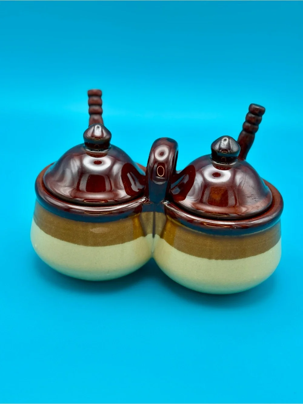 Vintage Double Condiment Pot with Spoons - Brown and Cream